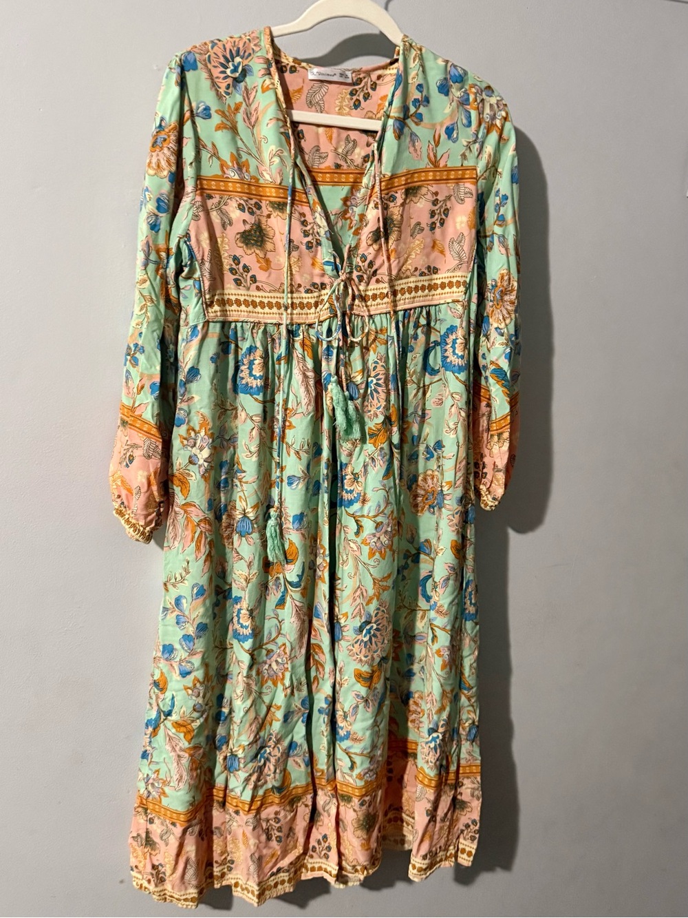 Mint Green Floral Boho Maxi Dress with Tie Front